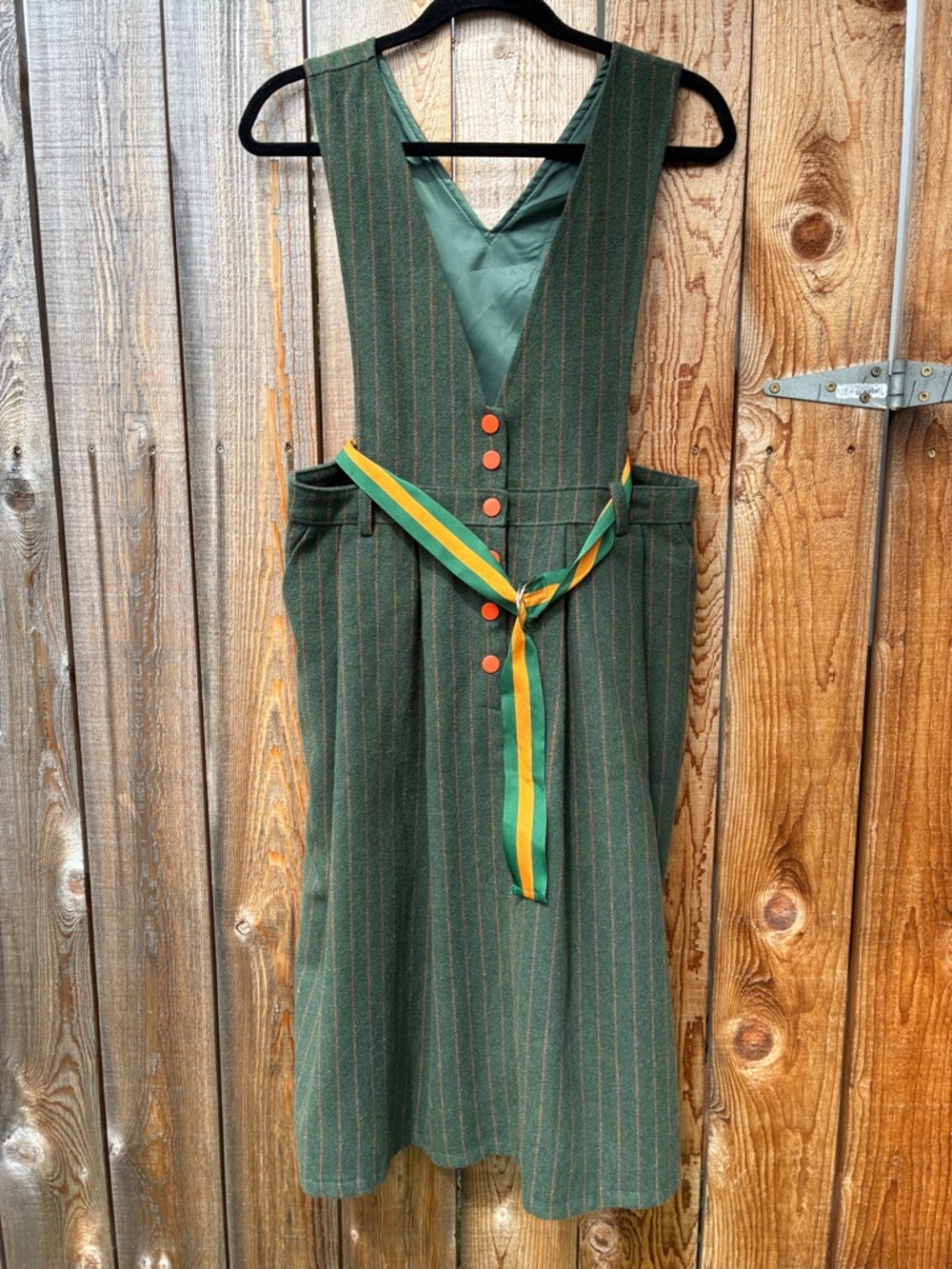Green wool Pinstripe Pinafore Dress with Striped Sash by Nuan Yang
